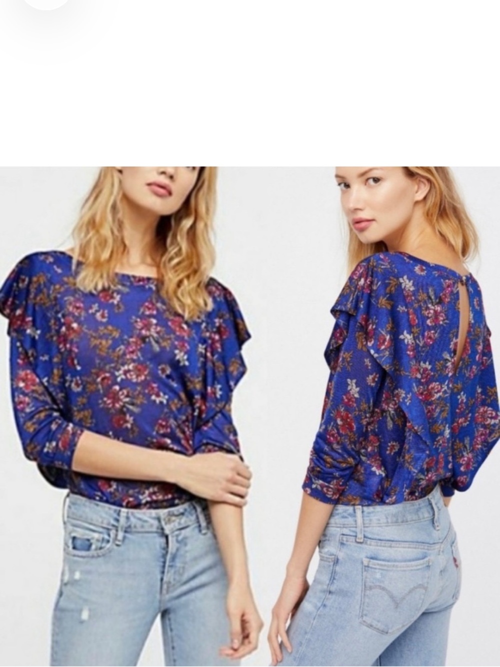 Free People Dock Street Top Women’s Size S Ruffled 3/4 Sleeves Stretch Knit Boho
